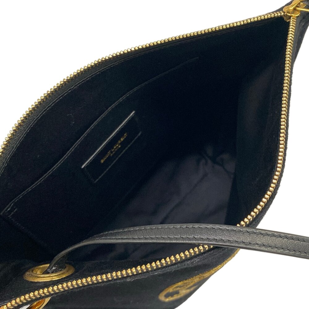 Saint Laurent PARIS Embroidery Pouch Pouch 710435 Black Gold Wool Leather - Picture 4 of 6